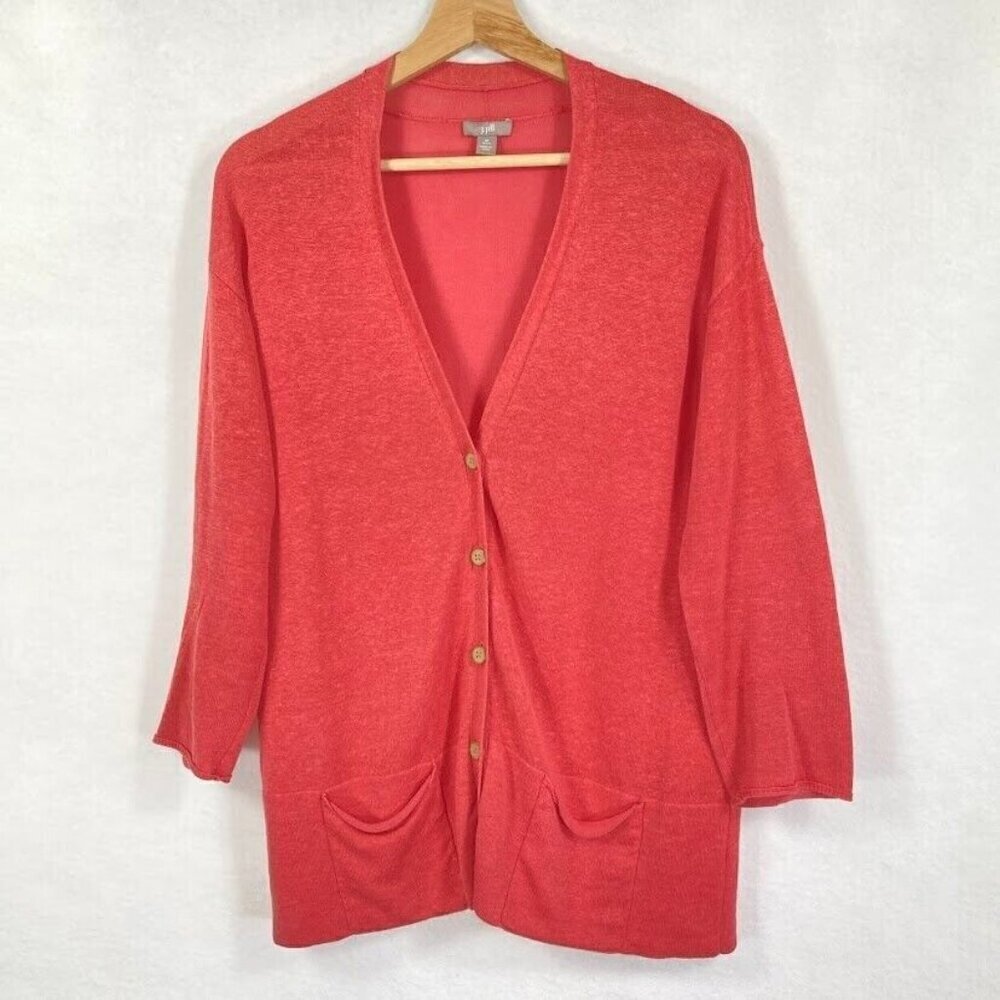J. Jill Cardigan Lightweight Linen Spring Grandma Chic Lagenlook Boho Coral M